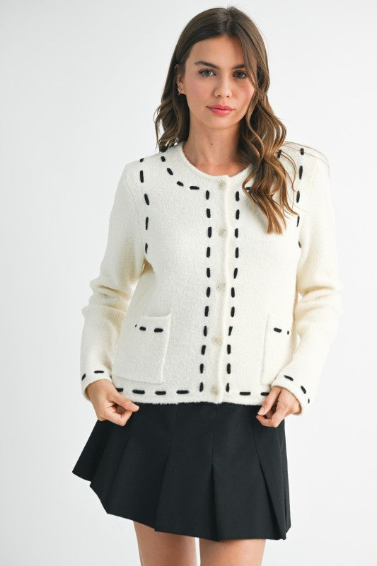 Cropped Boucle Cardigan with Stitched Detail