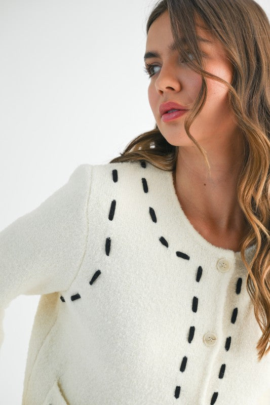 Cropped Boucle Cardigan with Stitched Detail