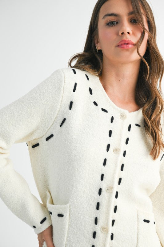 Cropped Boucle Cardigan with Stitched Detail