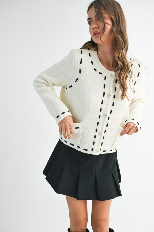Cropped Boucle Cardigan with Stitched Detail