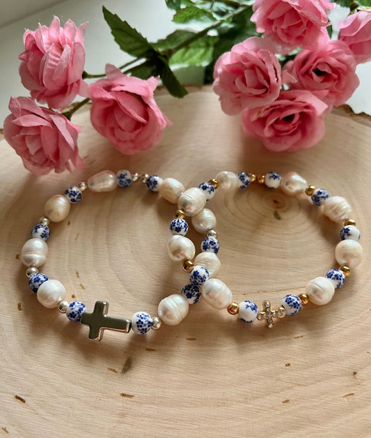 Floral Pearl Cross Bracelet Christian Jewelry for Women Saved By Christ Design