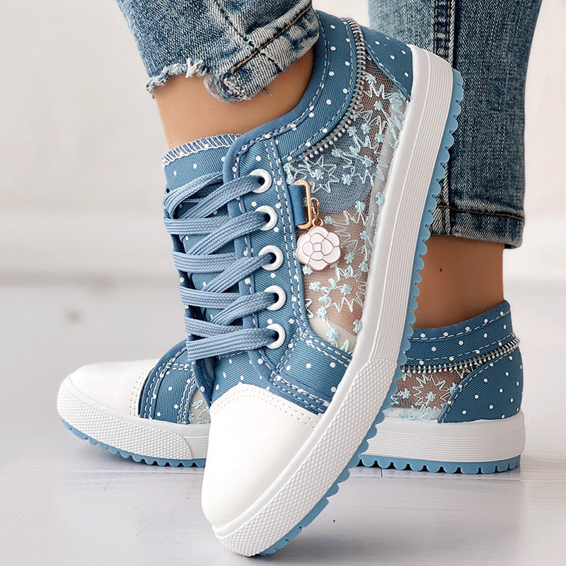Floral Embroidered Polka Dot Print Sneakers Women's Casual Canvas Shoes