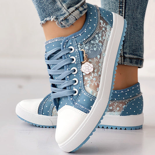 Floral Embroidered Polka Dot Print Sneakers Women's Casual Canvas Shoes