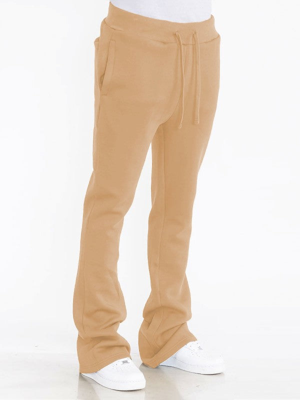 Solid Stacked Flare Track Pants Elastic Waist 95% Polyester
