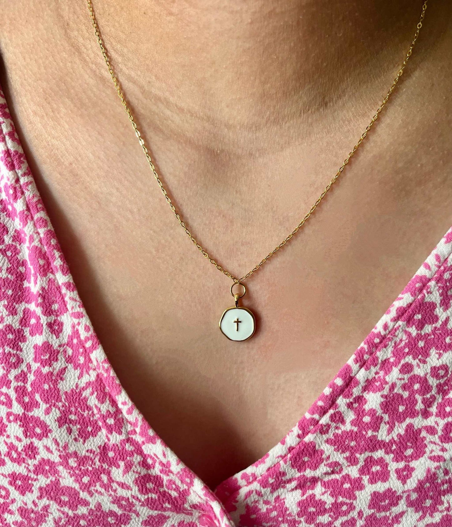 Gold Necklace 16K White Cross Pendant