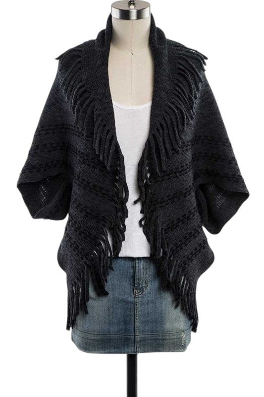 Fringe Lapel Collar Open Knit Cardigan Acrylic