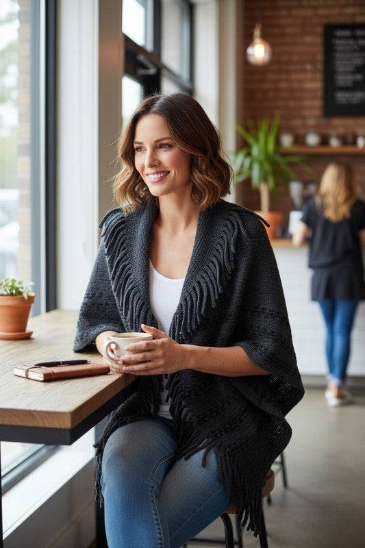 Fringe Lapel Collar Open Knit Cardigan Acrylic