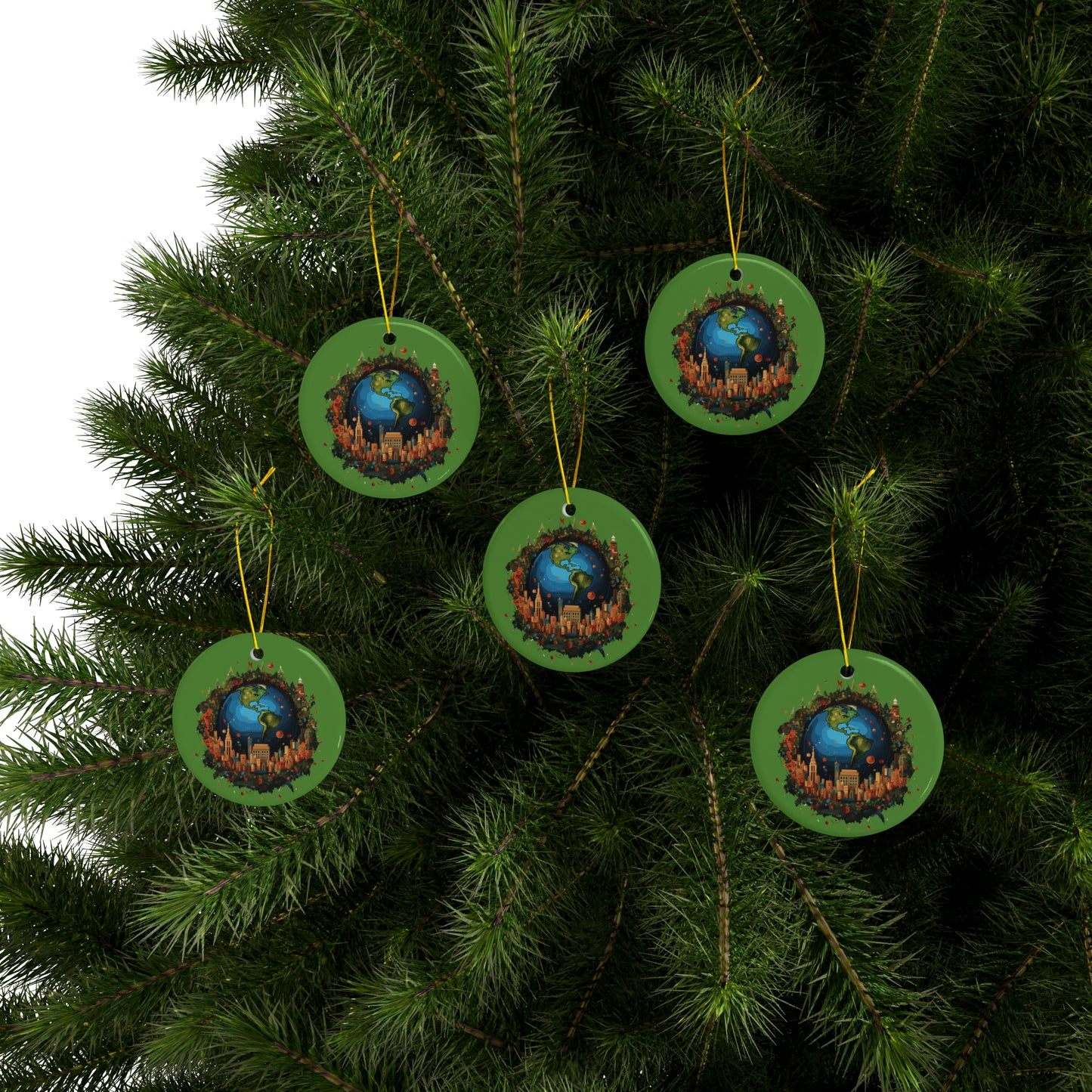 Earth in Christmas decorations and a big Christmas tree, green Ceramic Ornaments (1pc, 3pcs, 5pcs, 10pcs)