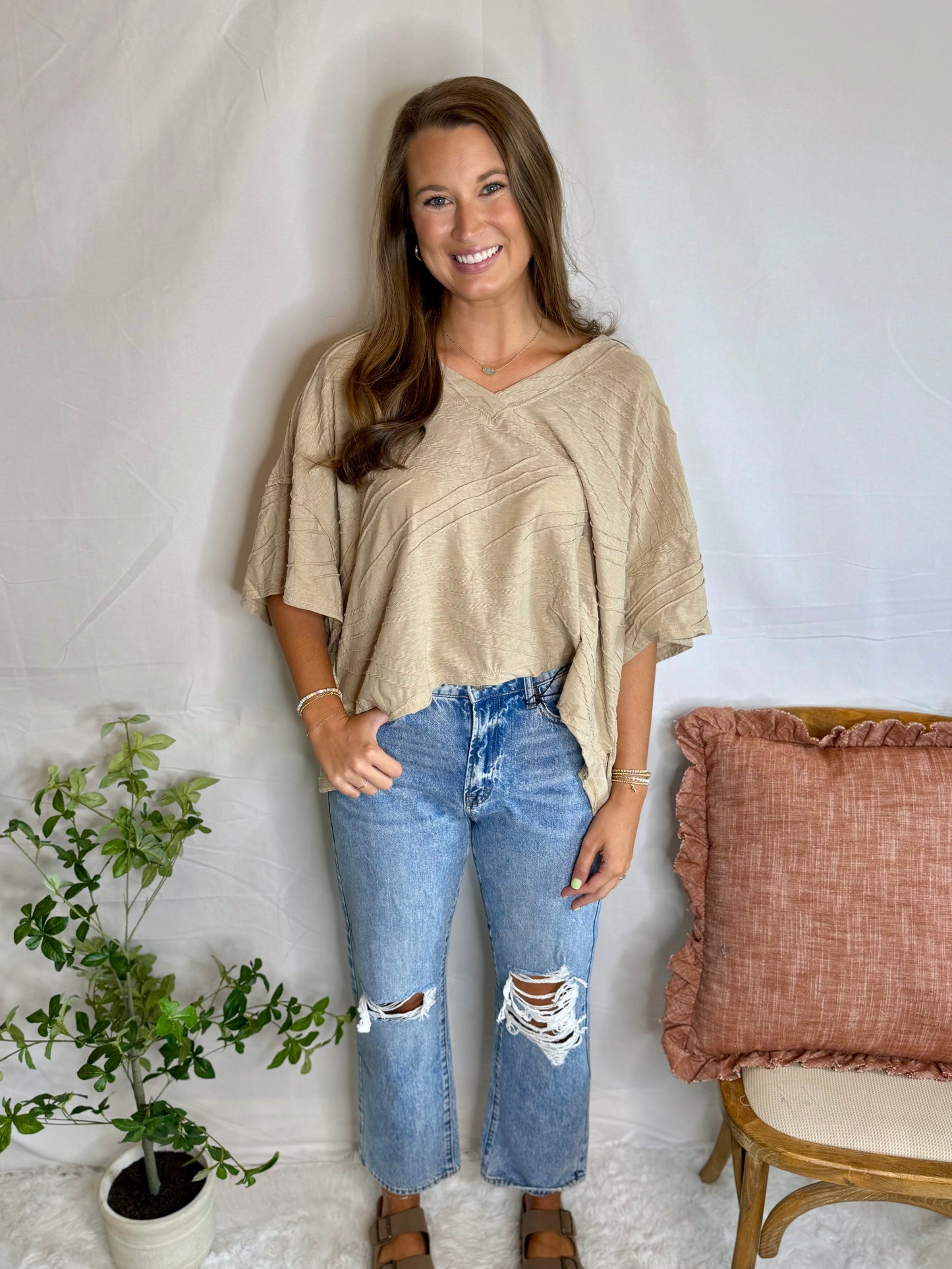 Taupe V-Neck Textured Knit Top The Emma Top