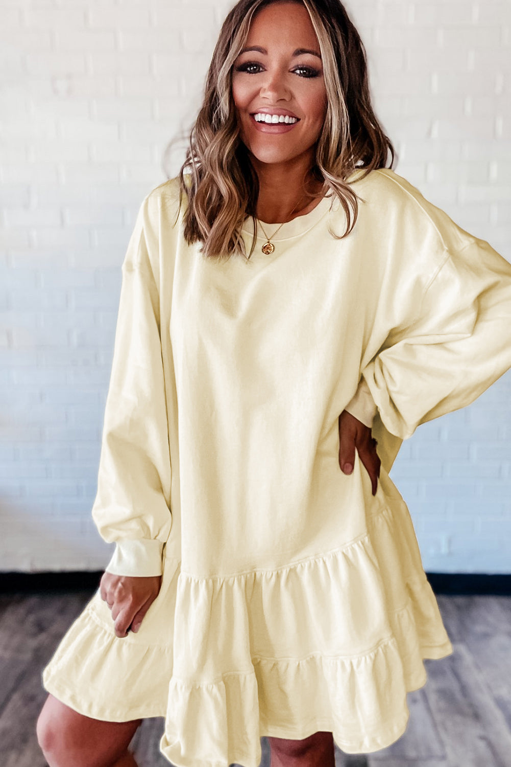 Beige Double Tiered Ruffle Hem Long Sleeve Mini Dress