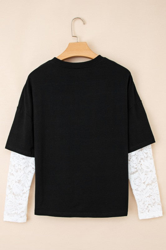 Lace Insert Long Sleeve Drop Shoulder Tee