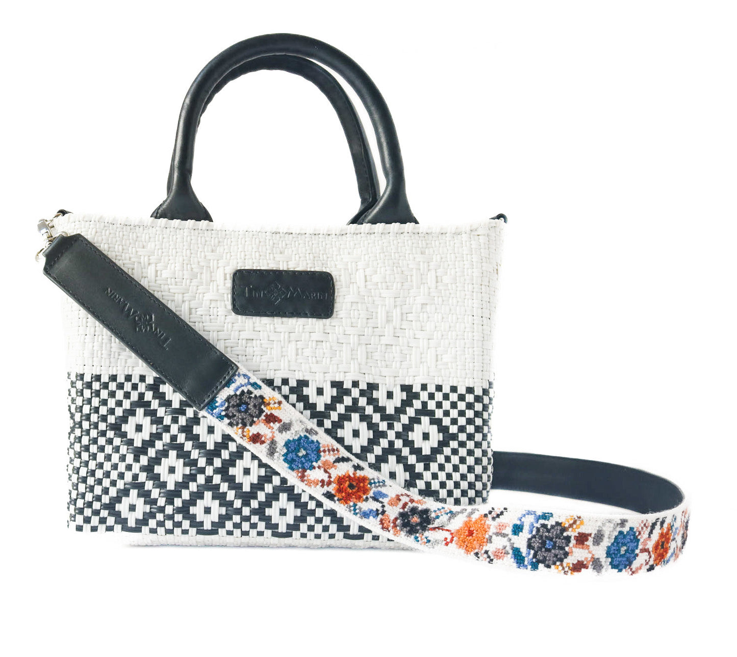 White Small Woven Crossbody Bag Adjustable Leather Strap Tin Marin