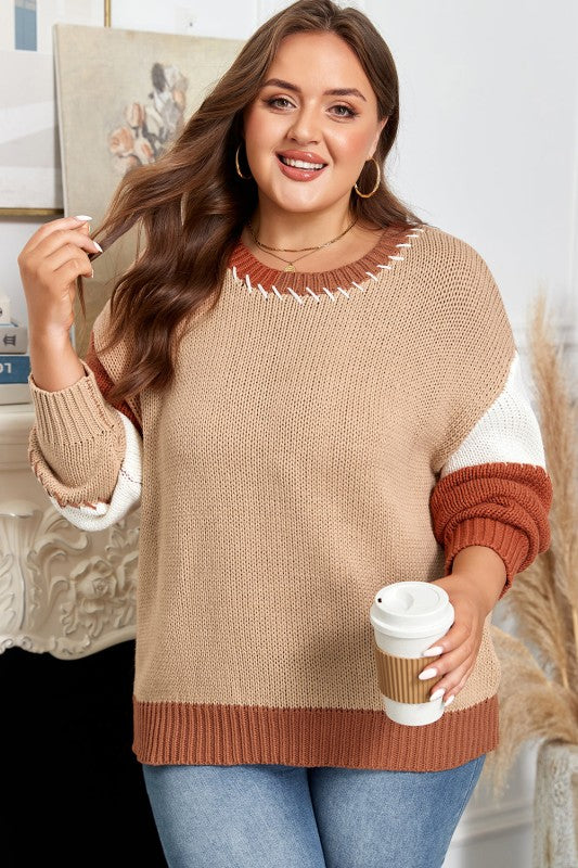 Plus Size Colorblock Knit Contrast Stitch Sweater