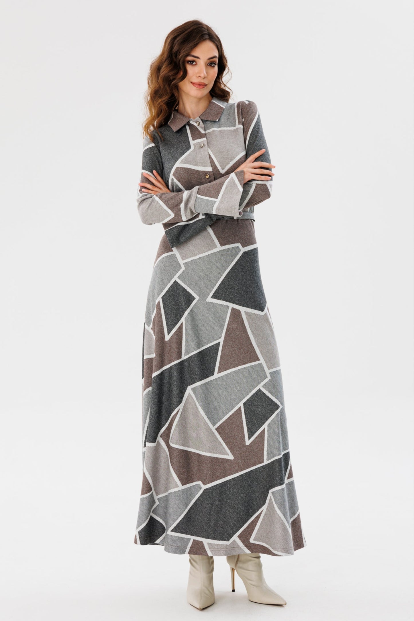Geometric Print Knitted Dress with Buttons and Belt