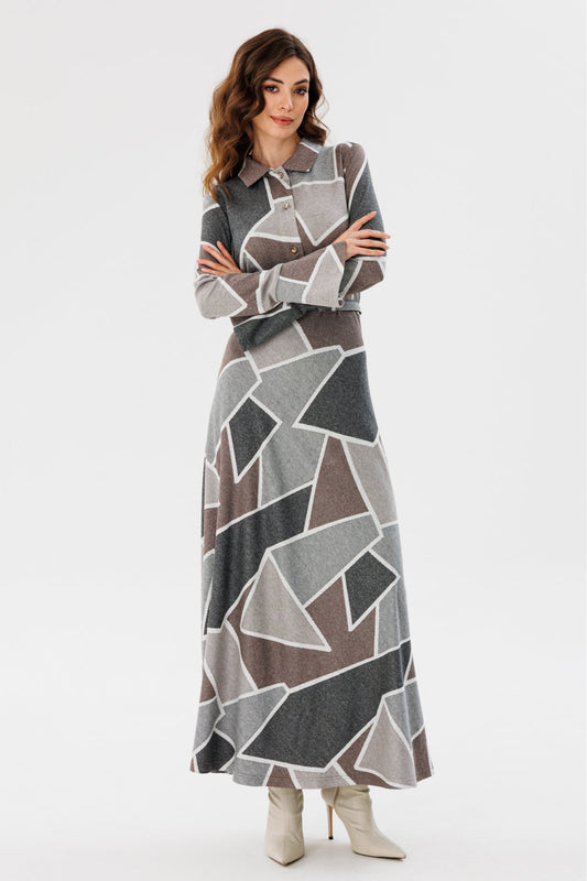 Geometric Print Knitted Dress with Buttons and Belt