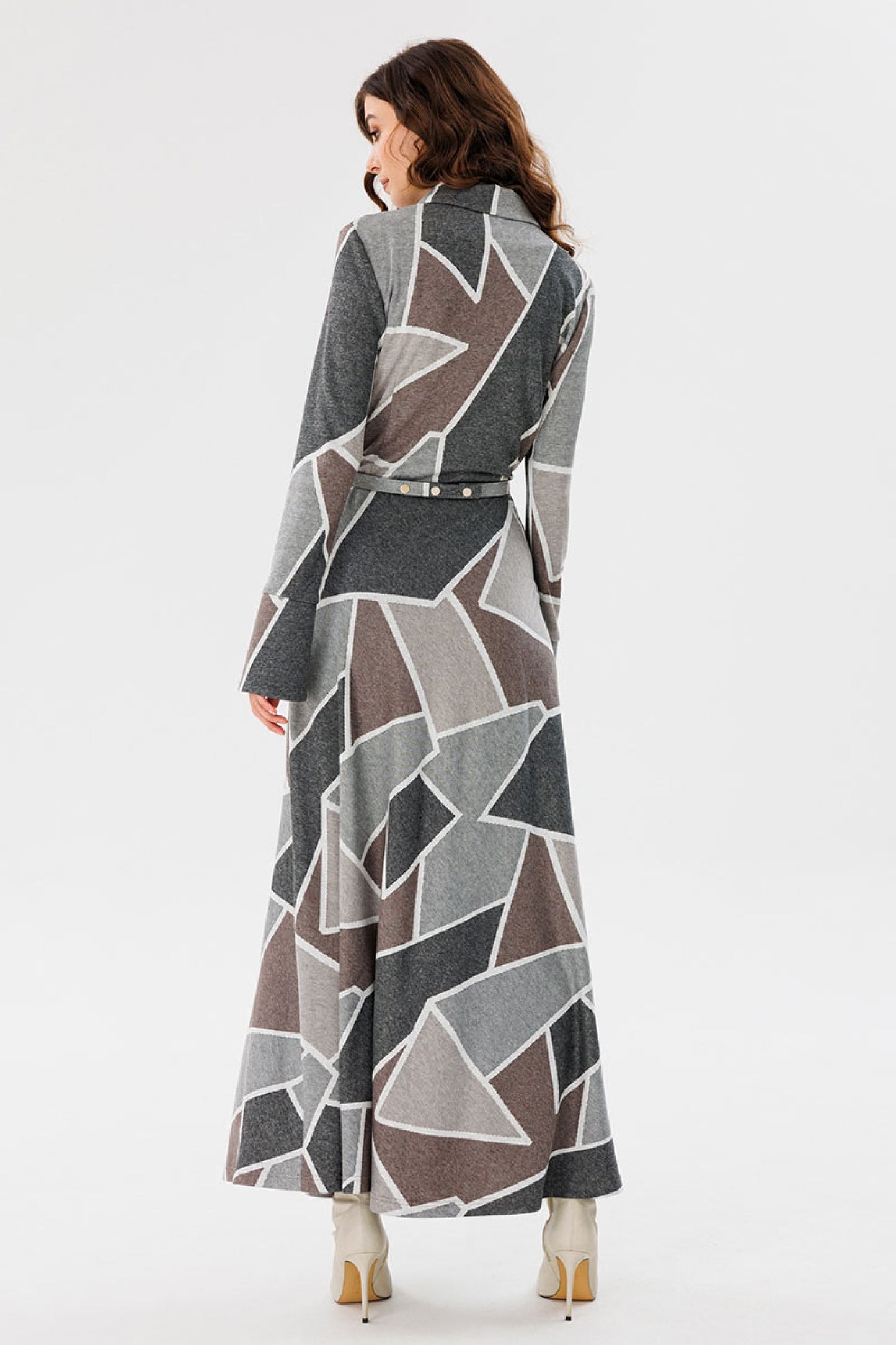 Geometric Print Knitted Dress with Buttons and Belt