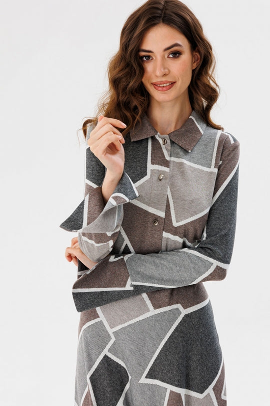 Geometric Print Knitted Dress with Buttons and Belt