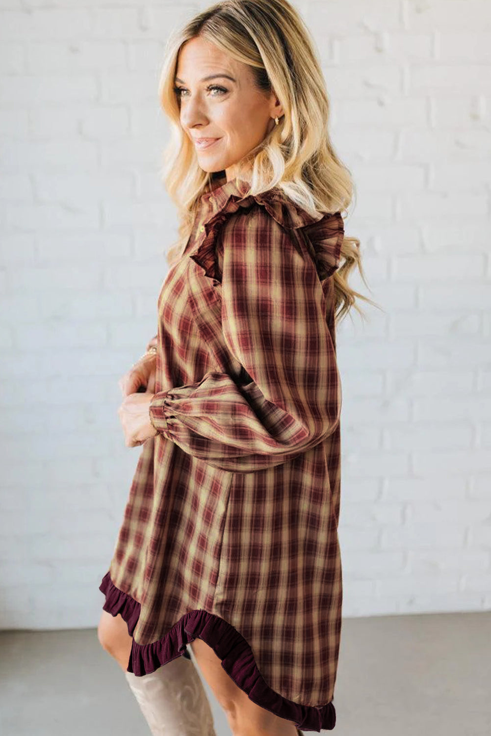 Red Plaid Print Ruffled Long Sleeve Mini Shirt Dress