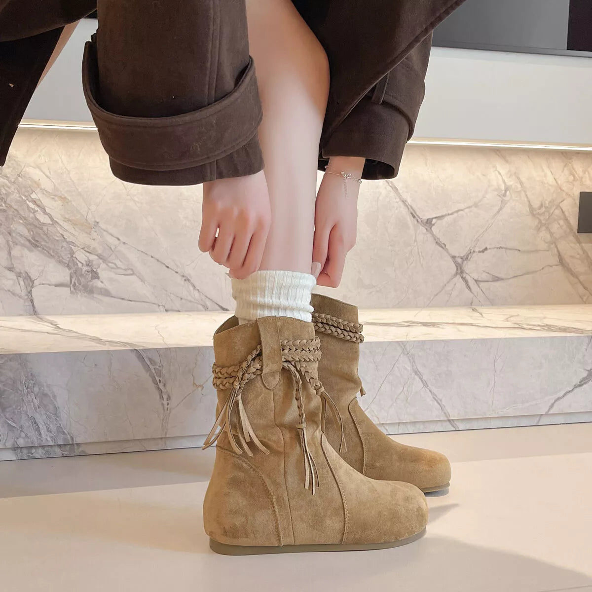 Suede Fringe Round Toe Boots Block Heel