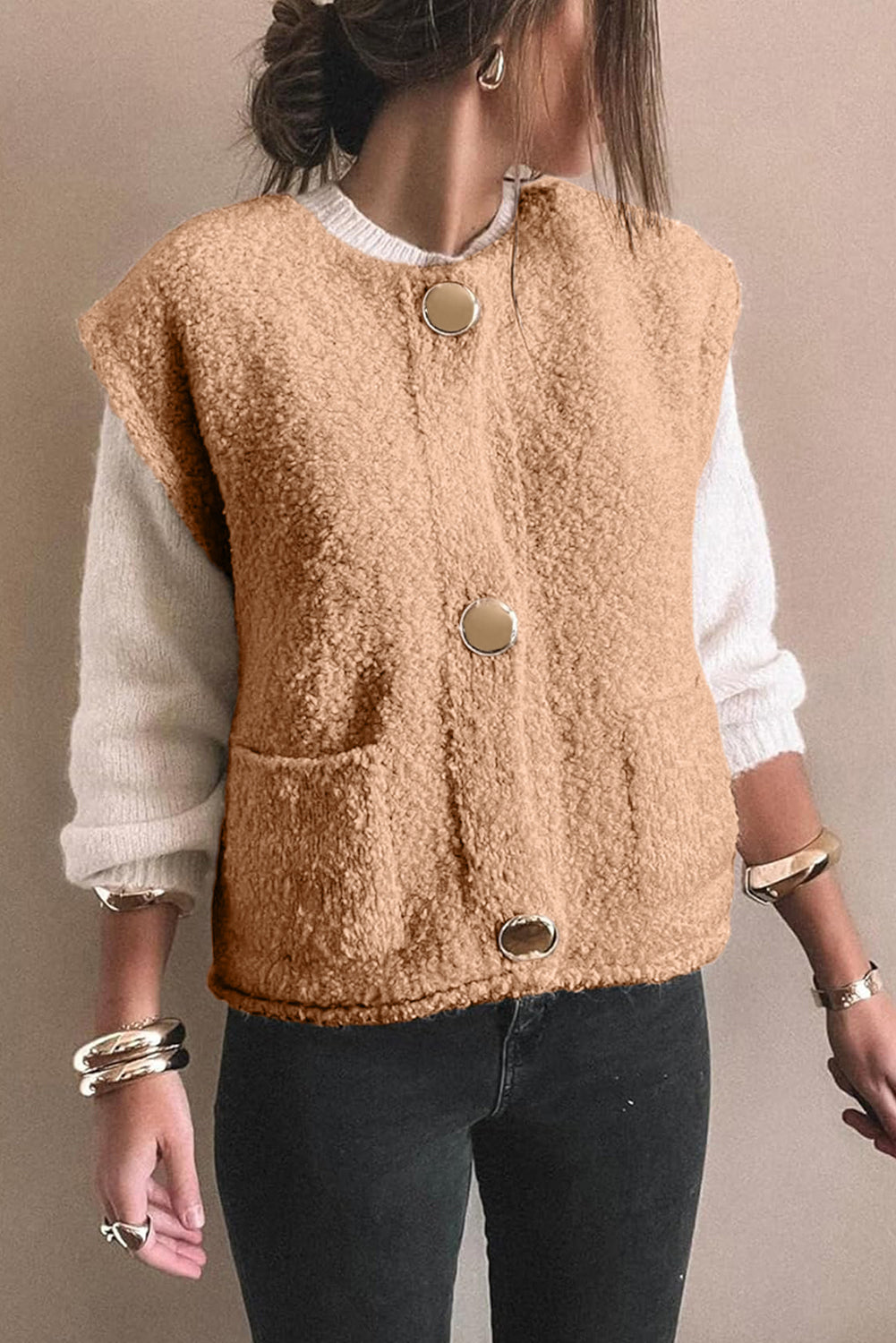 Light French Beige Fuzzy Pocket Vest Big Button Accent