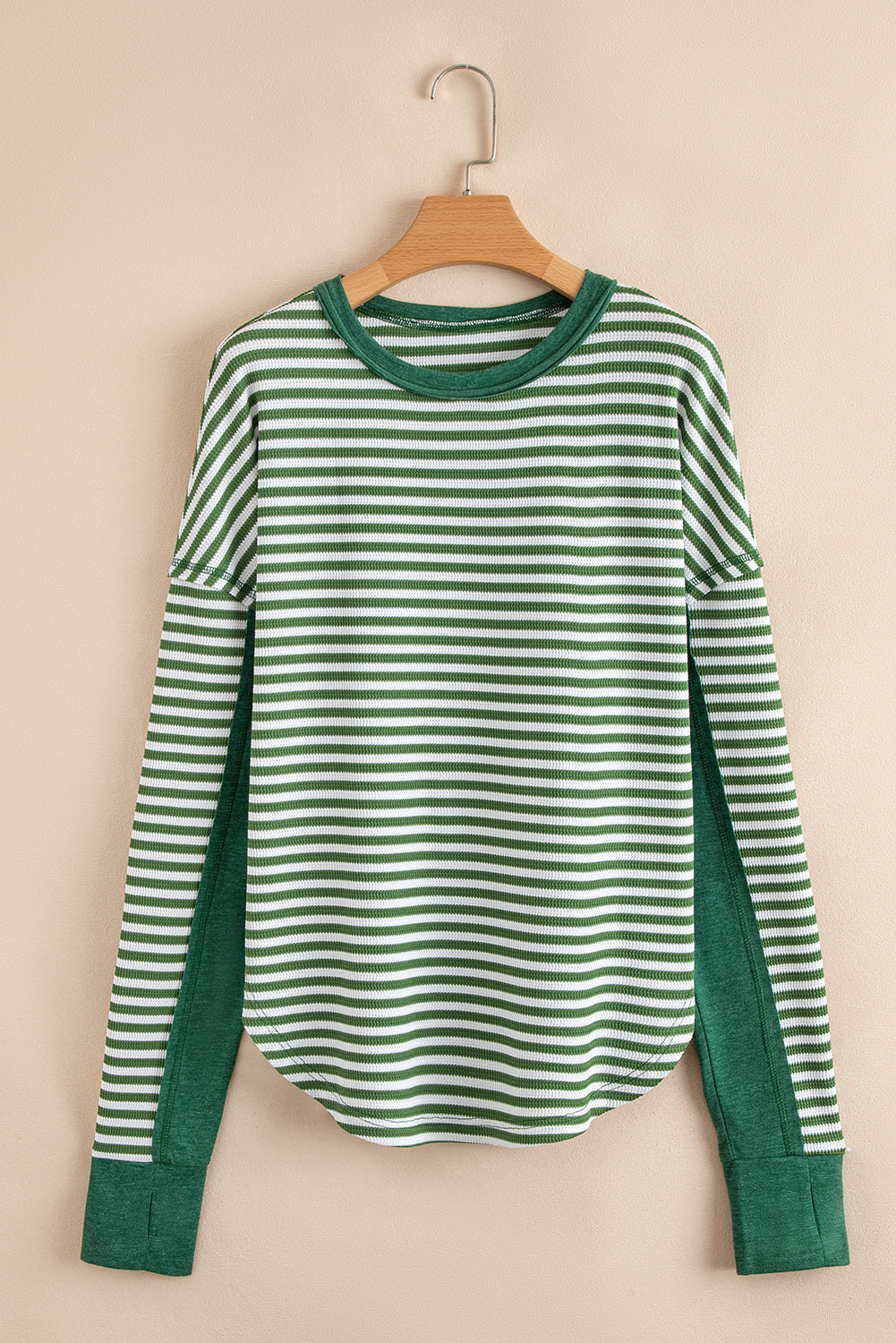 Khaki Stripe Thermal Knit Casual Top Drop Shoulder