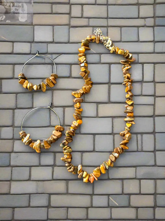 Tiger’s Eye Natural Stone Jewelry Set Necklace and Earrings Beauty by Dani
