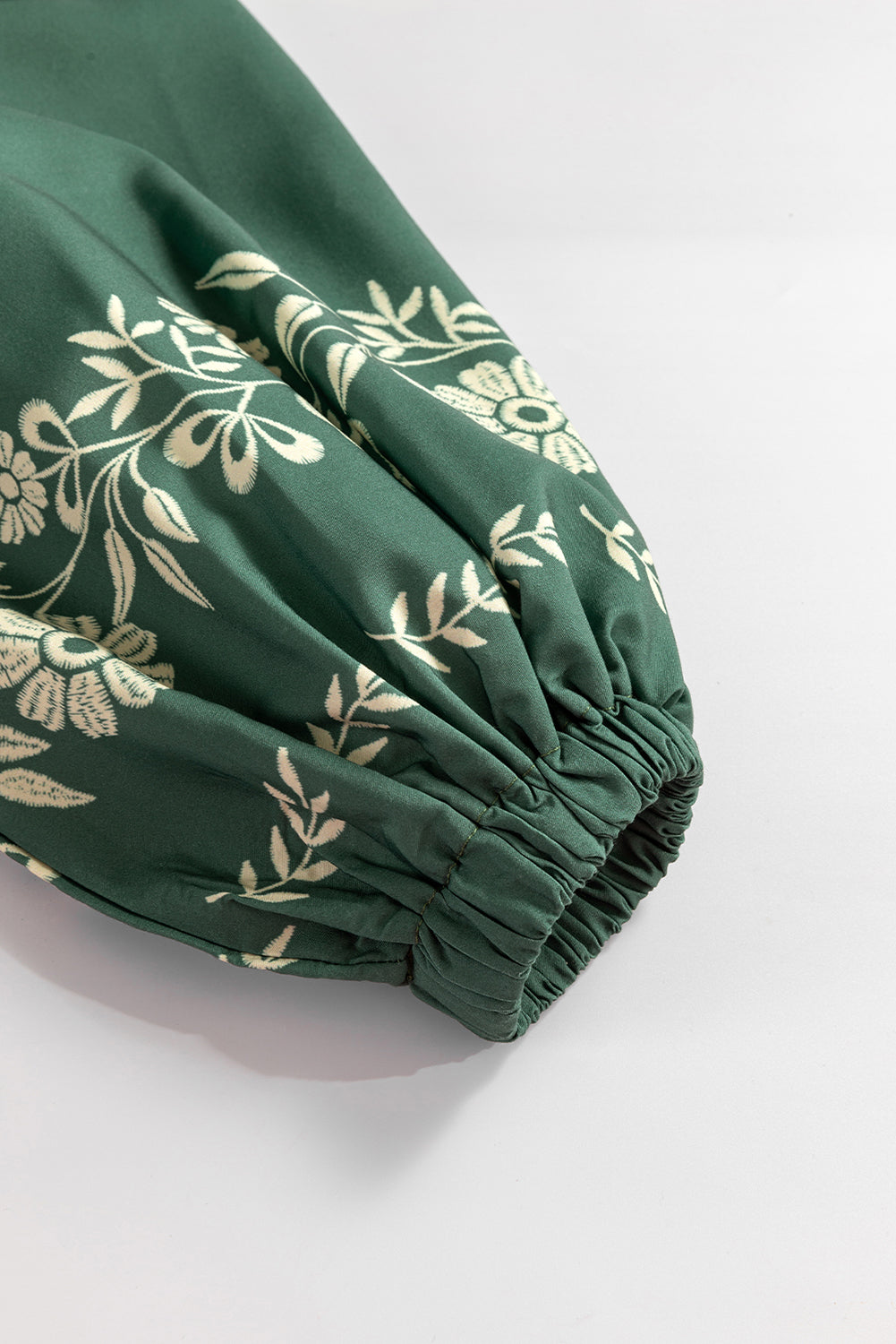 Mist Green Tie Neck Puff Sleeve Shift Dress Boho Floral Pattern