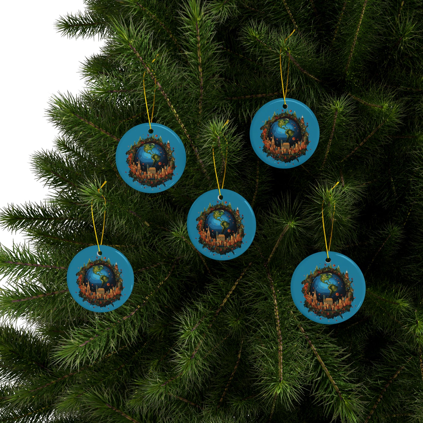 Earth in Christmas decorations and a big Christmas tree, Turquoise Ceramic Ornaments (1pc, 3pcs, 5pcs, 10pcs)