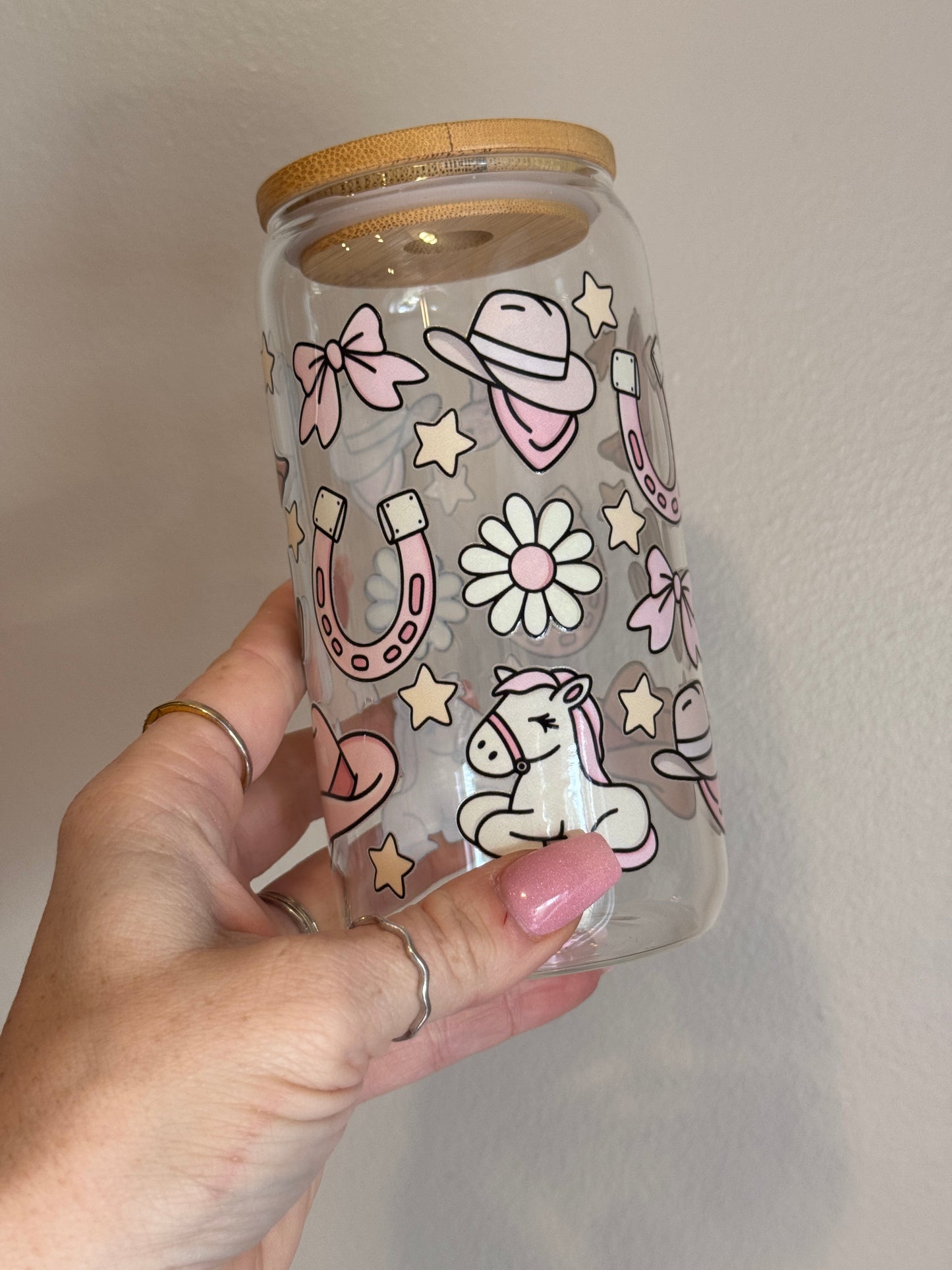 Western Girly Pastel Glass Cup Sawdust and Cedar
