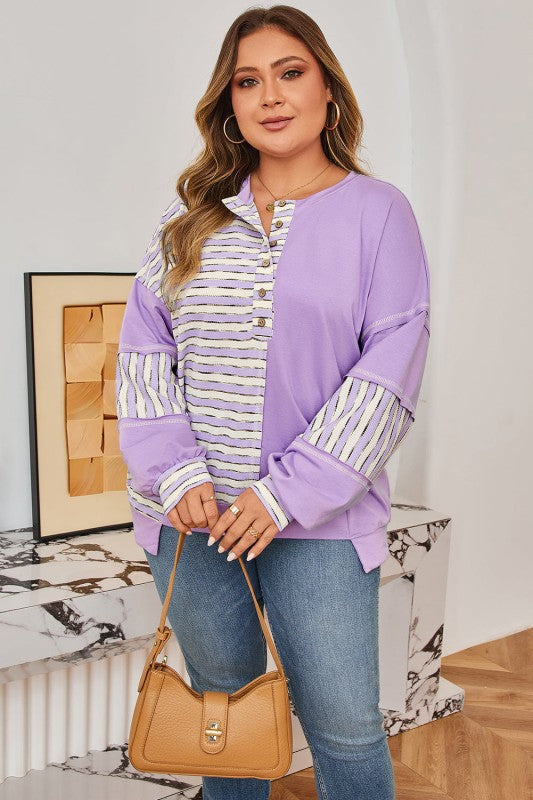 Plus Size Stripe Patchwork Pullover Drop Shoulder The Diamond Empire LLC