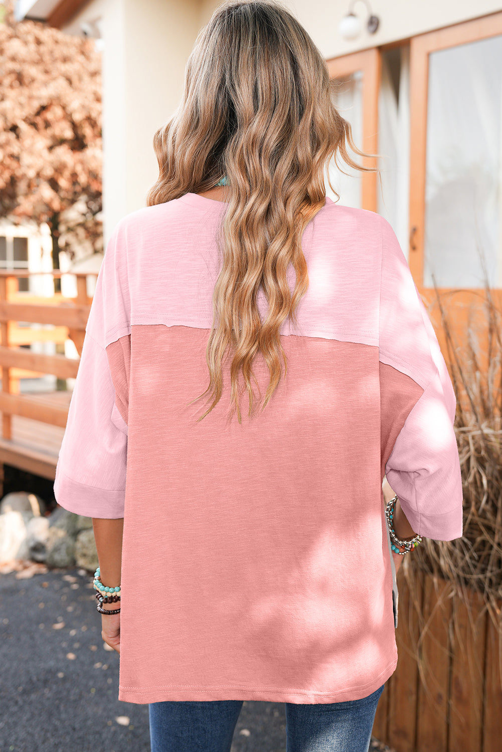 Green Flower Patched Exposed Seam 3/4 Sleeve Top