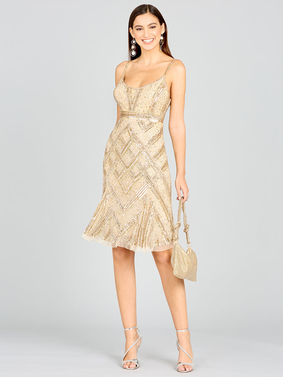 Beaded Geometric Waist Slimming Short Dress with Spaghetti Straps Lara 28860