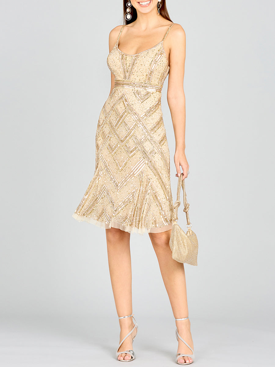 Beaded Geometric Waist Slimming Short Dress with Spaghetti Straps Lara 28860