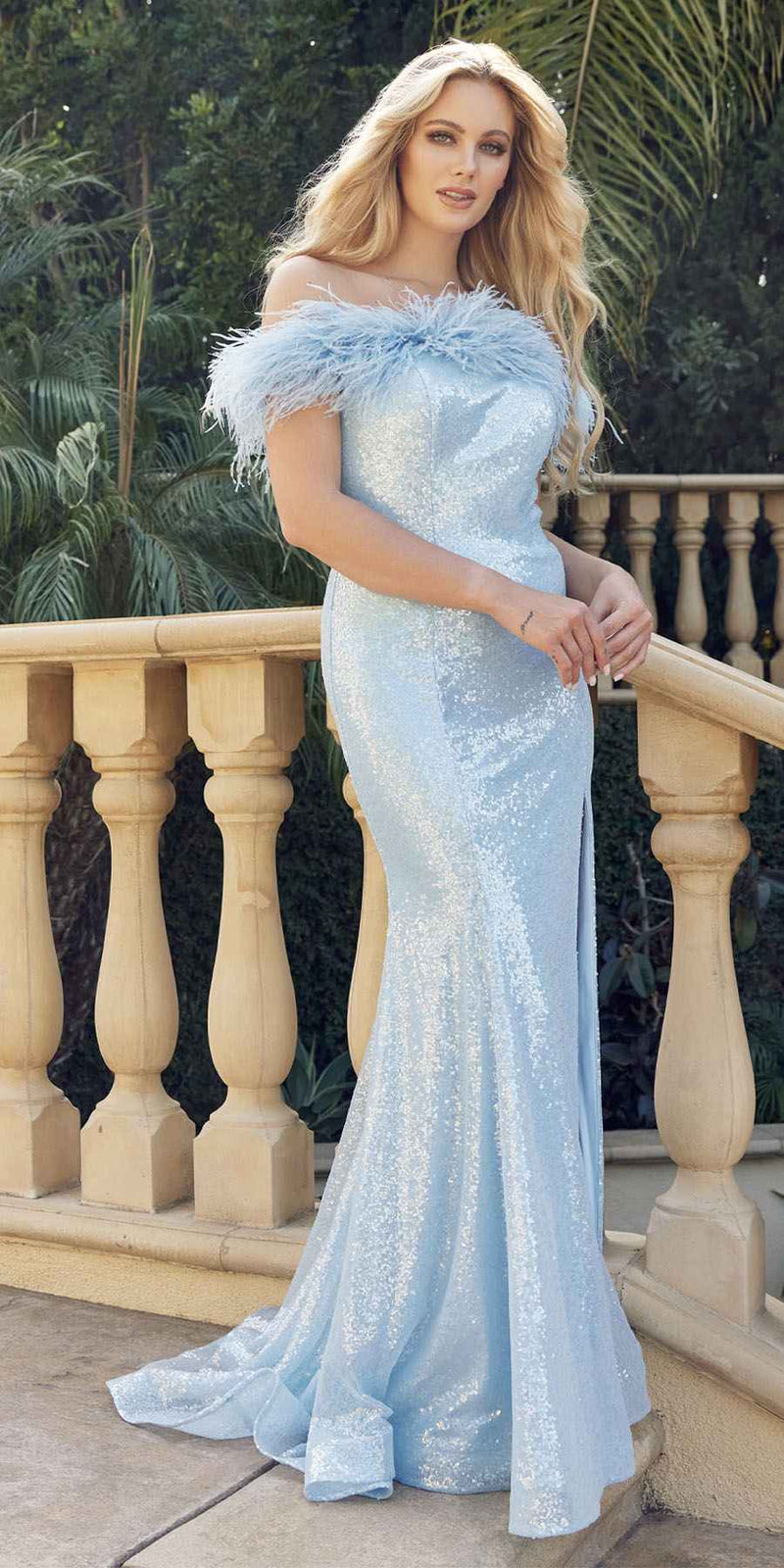 Juliet 292 Long Feather Neckline High Slit Prom Gown