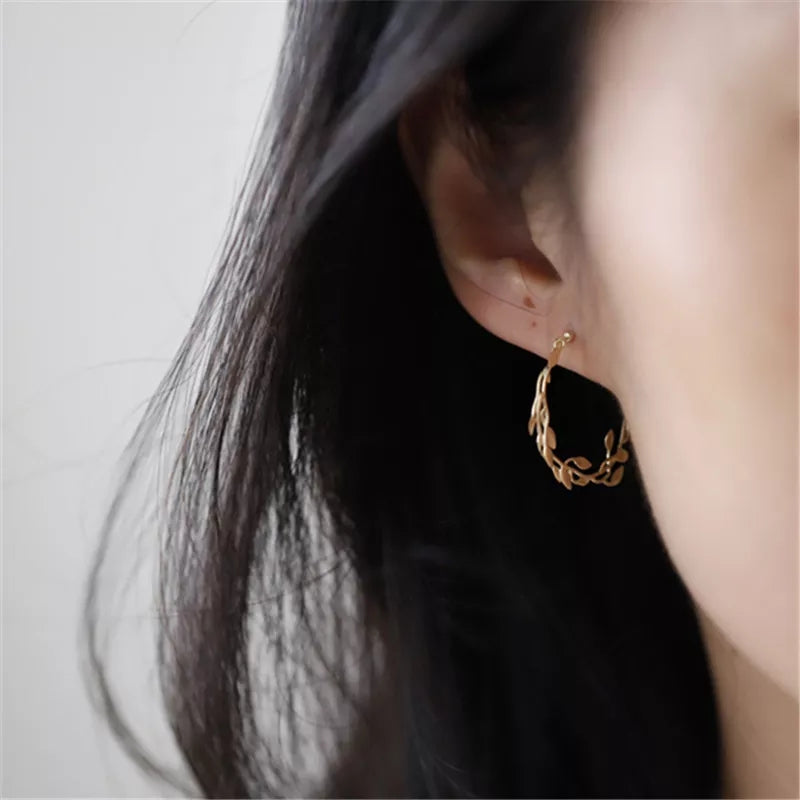 925 Silver Olive Leaf Dangle Earrings Plant Leaf Circle Earrings