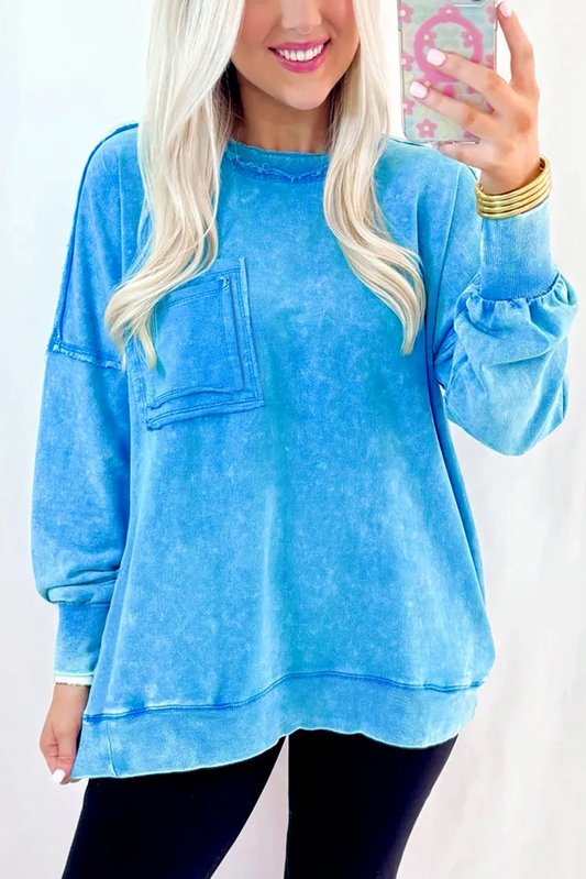 Blue Mineral Wash Double Patched Pocket Pullover Sweatshirt