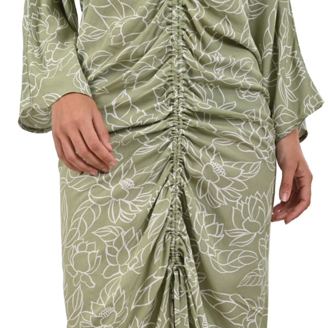 Curtain style button through slimming dress