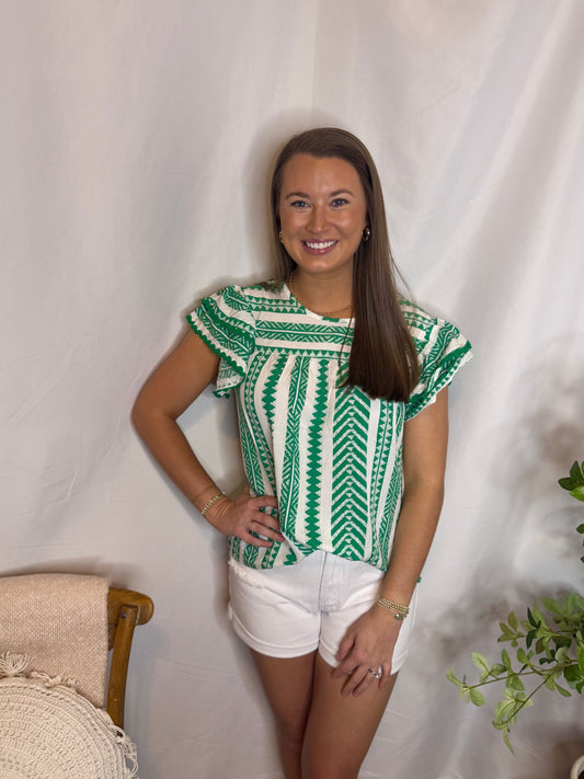Green Printed Ruffle Sleeved Top Sweet Jude Boutique