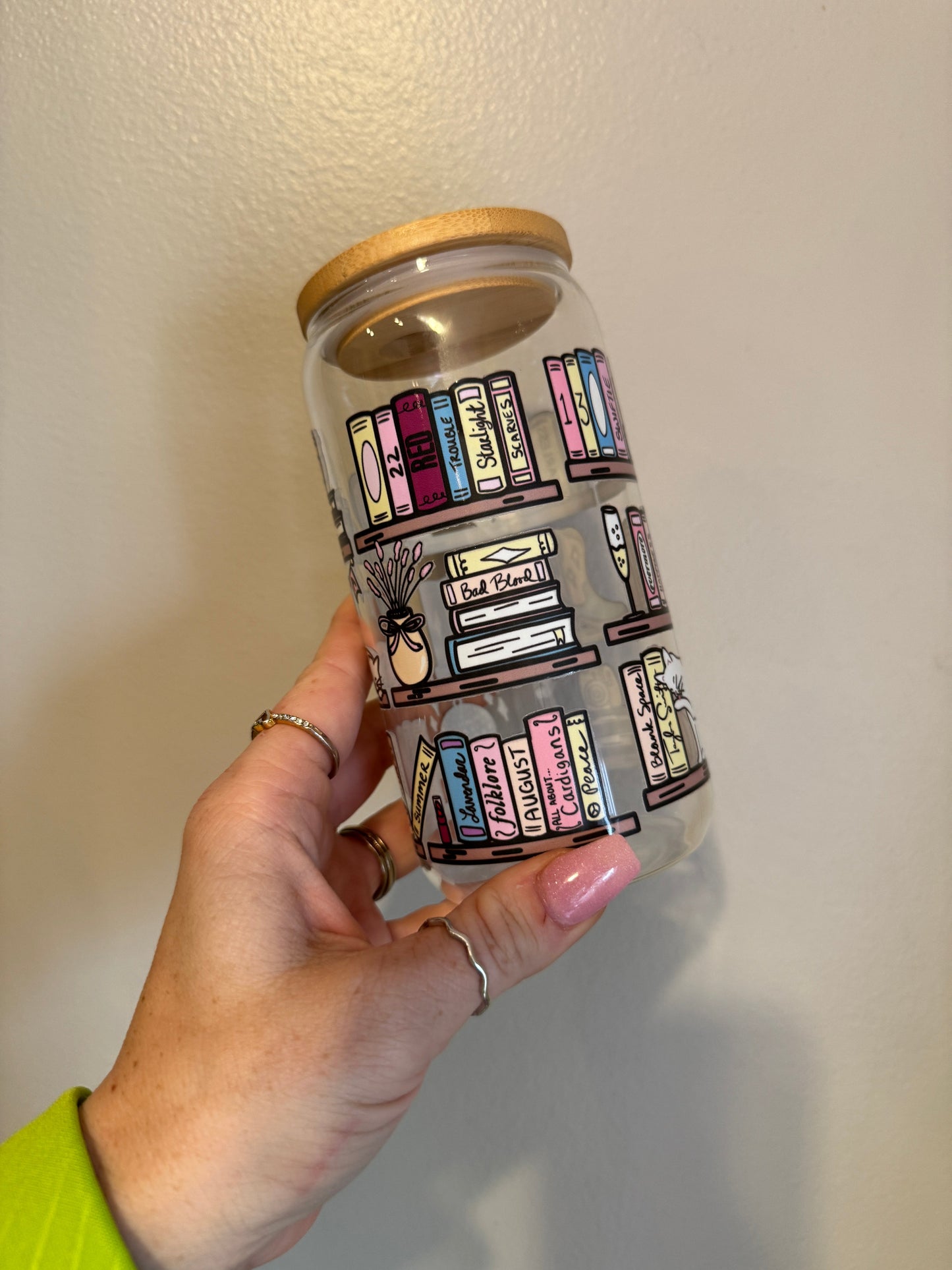Swiftie Bookshelf Pastel Glass Cup with Bamboo Lid