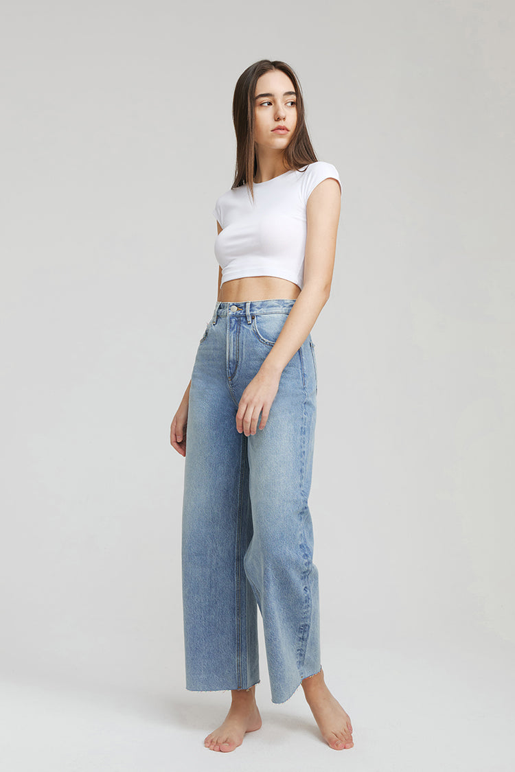 Moon Curve Raw Hem Wide-Leg Crop Jeans Hey Joanie