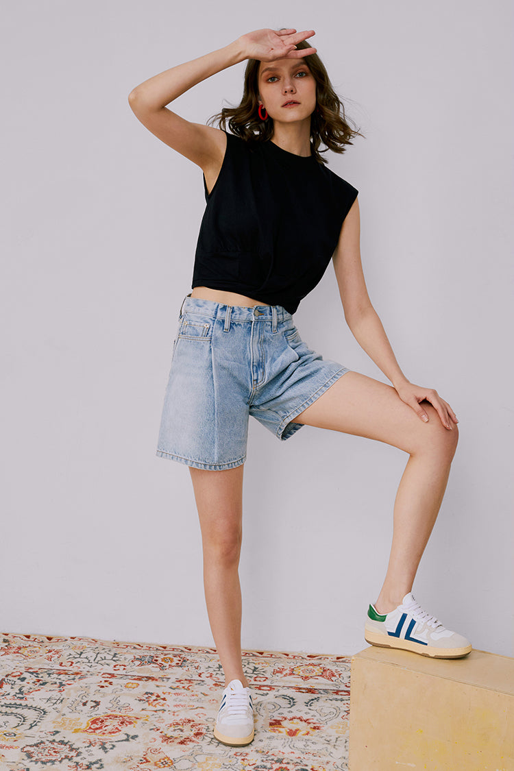 Pleated Fun Short High-Rise Mid-Weight Denim Shorts Hey Joanie