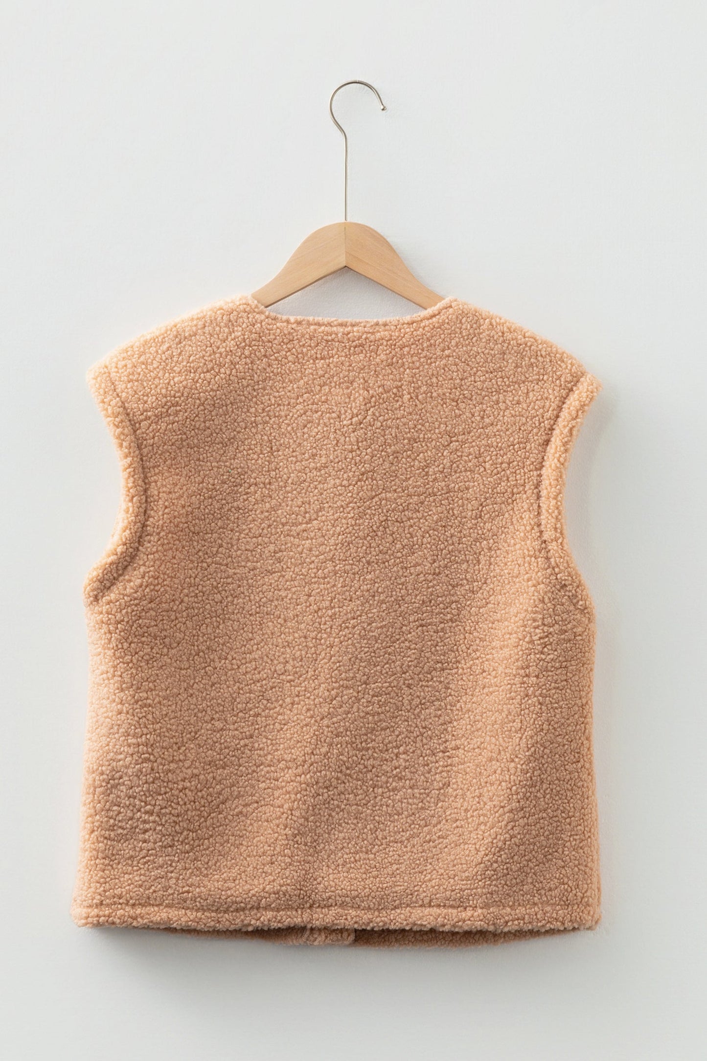 Light French Beige Fuzzy Pocket Vest Big Button Accent