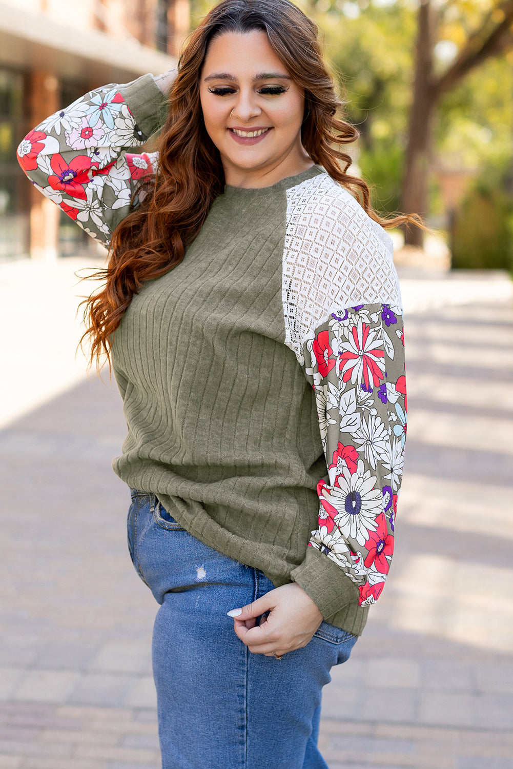 Plus Size Textured Floral Patchwork Raglan Sleeve Top Vineyard Green