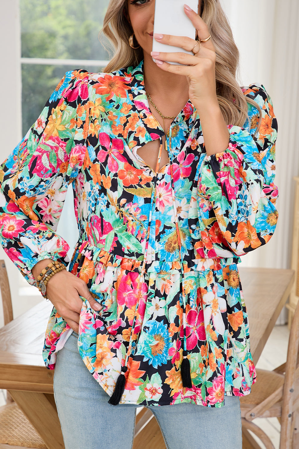 Multicolour Boho V Neck Lantern Sleeve Blouse