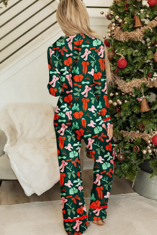 Bow Button-Up Top and Pants Pajama Set with Ruffled Trim