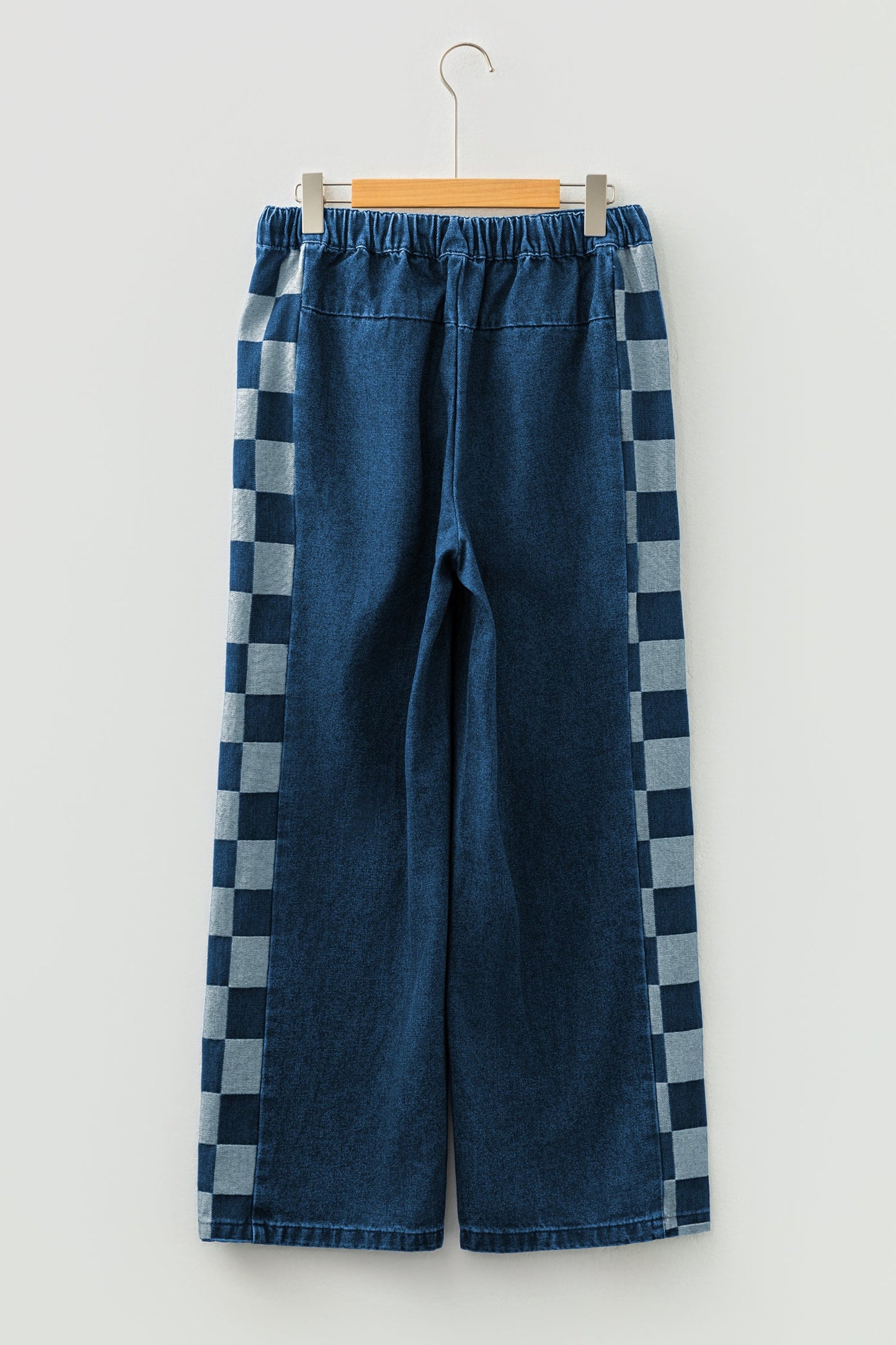 Blue Checkered Side Panel Patchwork Drawstring Loose Denim Pants