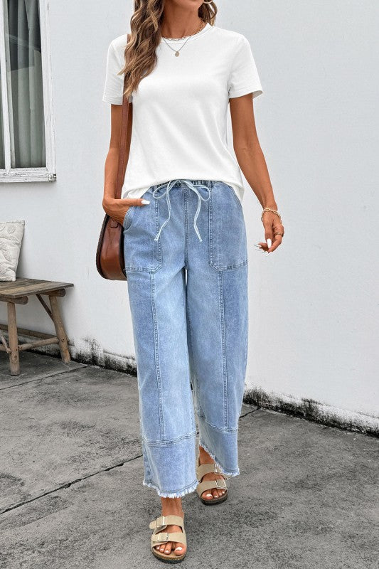 Denim Raw Hem Drawstring Wide Leg Pants