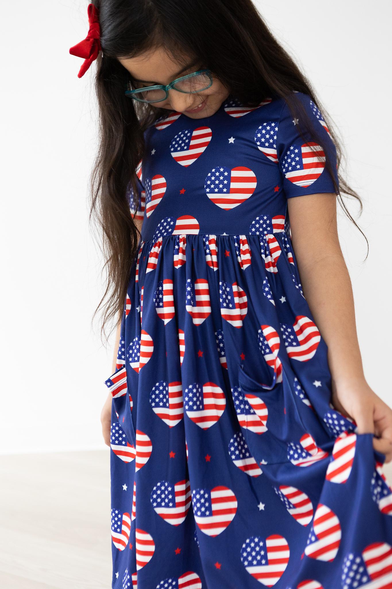 USA S/S Pocket Twirl Dress with Scoop Back and Full Skirt I Heart