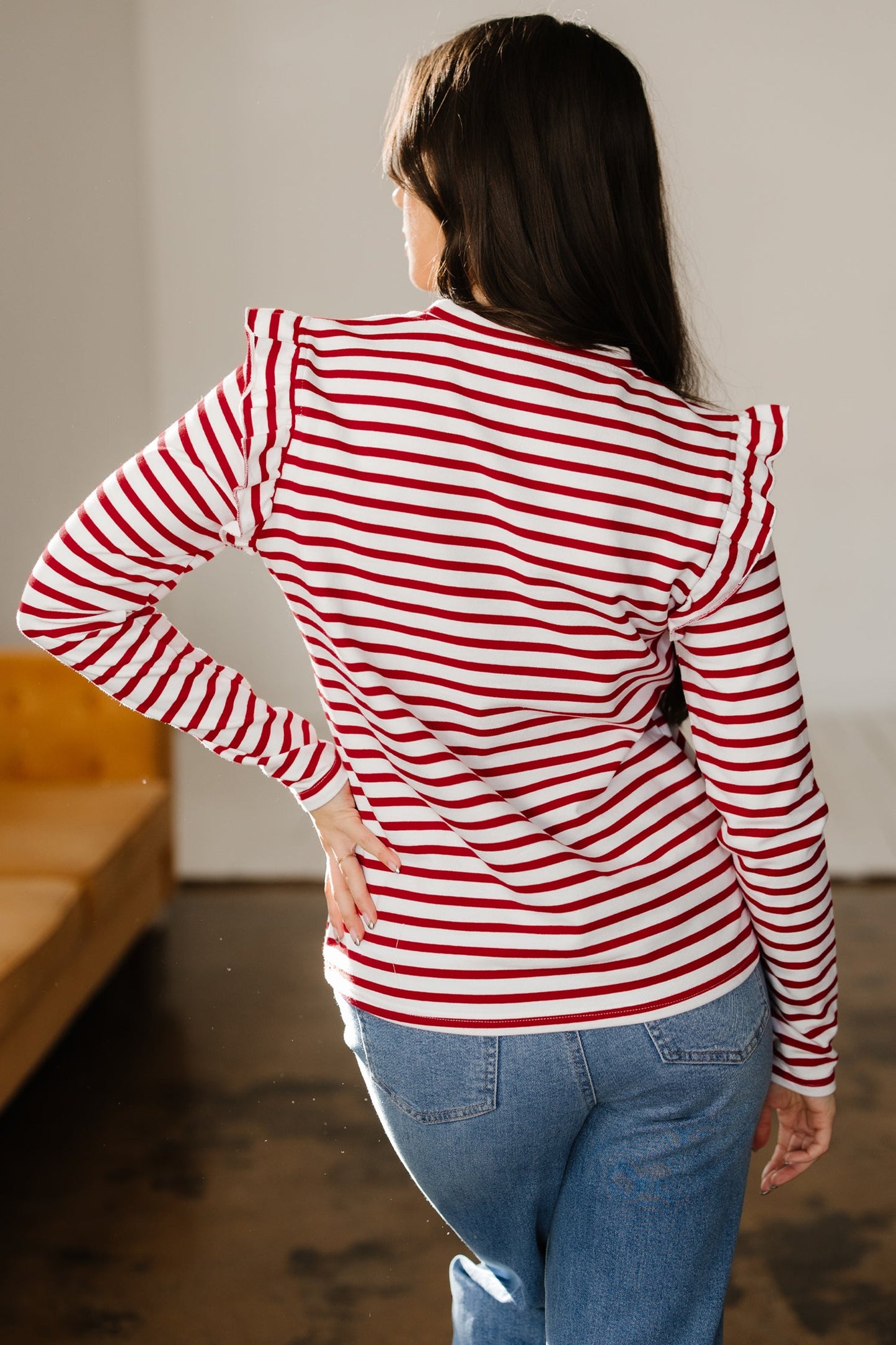 Red Stripe Ruffle Trim Long Sleeve Round Neck Top