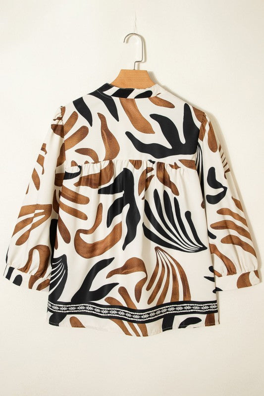 Abstract V-neck Puff Sleeve Blouse Loose Silhouette Blouse